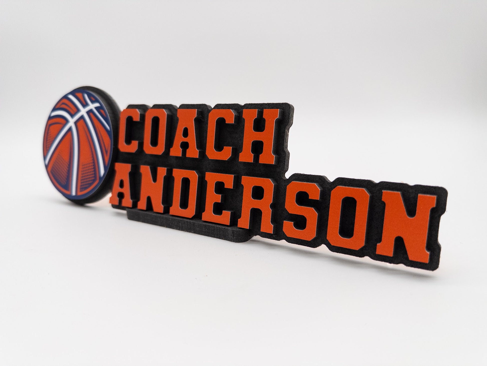 Personalized desk name sign for Coach Anderson with a basketball design, perfect for sports enthusiasts.