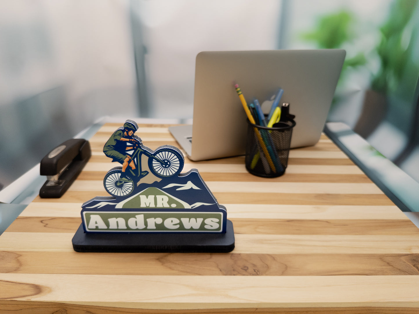 Cycling Desk Name Plate – Personalized Mountain Bike Decor