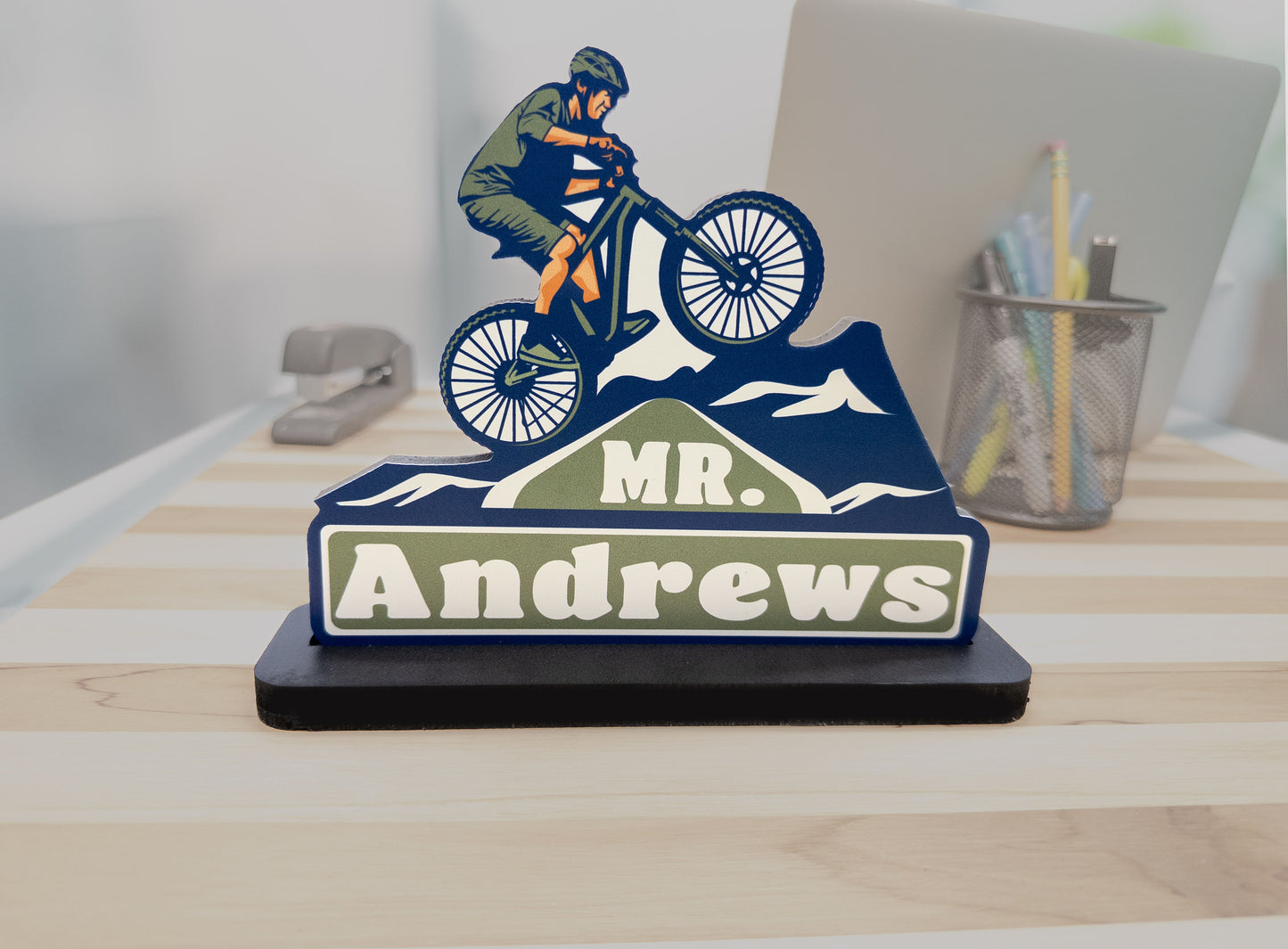 Cycling Desk Name Plate – Personalized Mountain Bike Decor