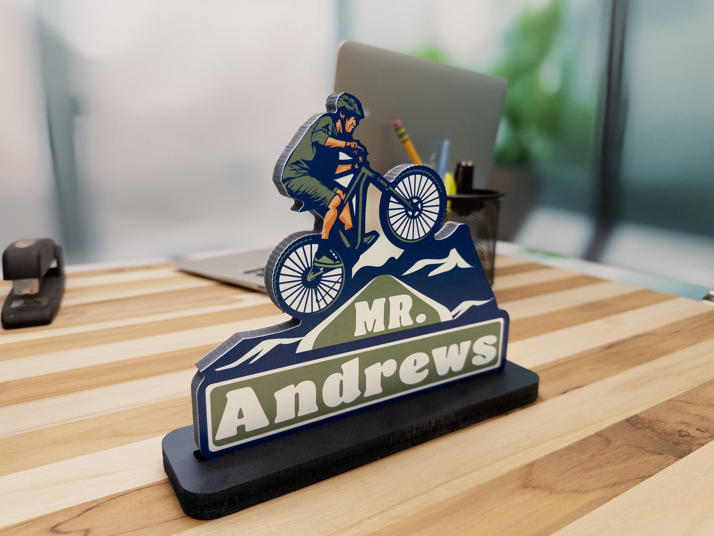 Cycling Desk Name Plate – Personalized Mountain Bike Decor