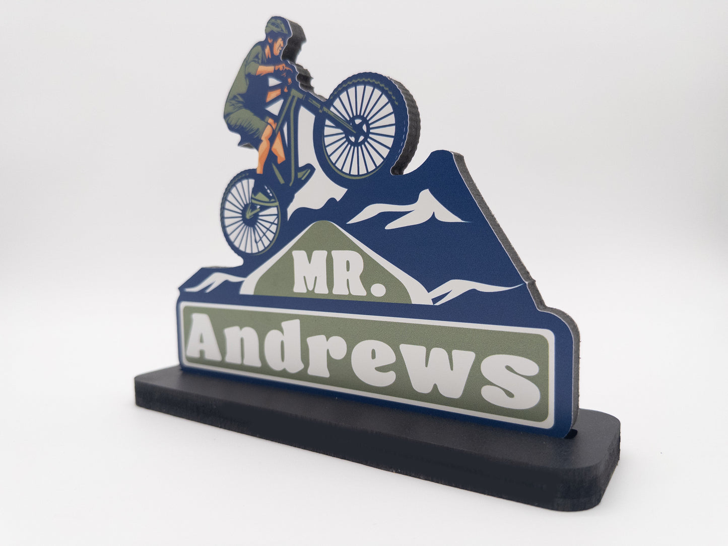 Cycling Desk Name Plate – Personalized Mountain Bike Decor