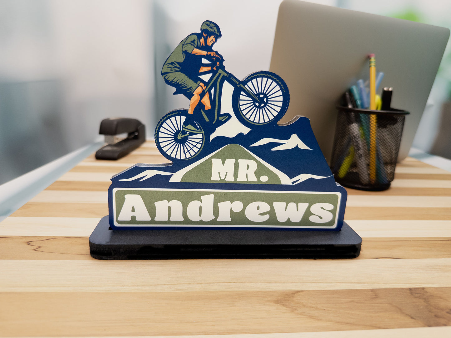 Cycling Desk Name Plate – Personalized Mountain Bike Decor