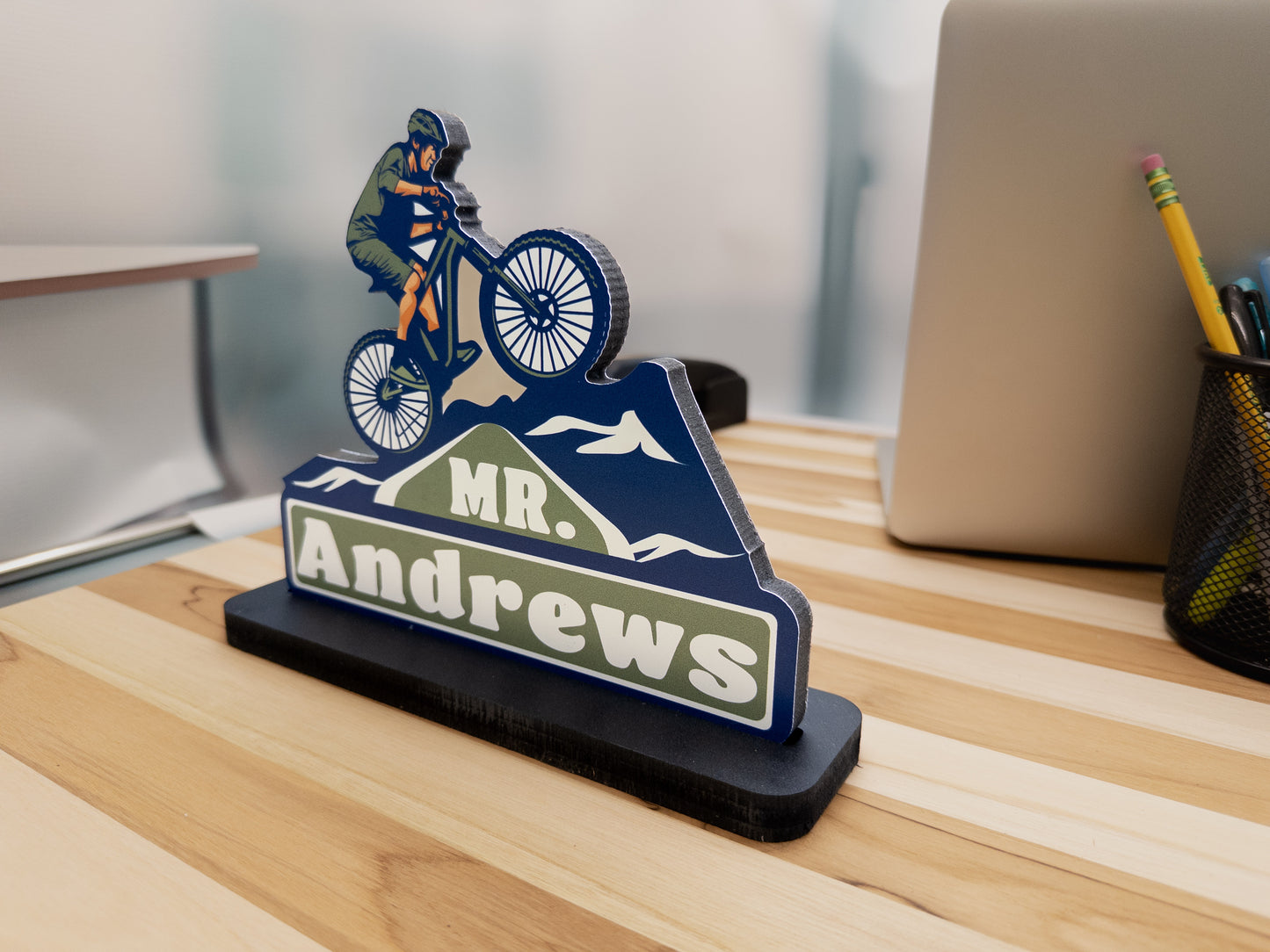 Cycling Desk Name Plate – Personalized Mountain Bike Decor