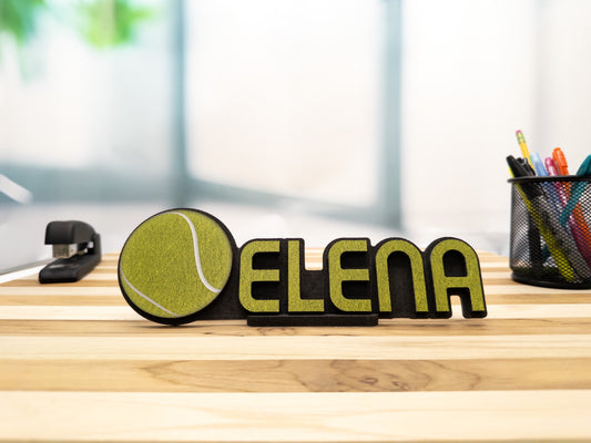 Front view of a personalized desk name plate with the name 'Elena' and a Tennis ball design, ideal for Tennis lovers.